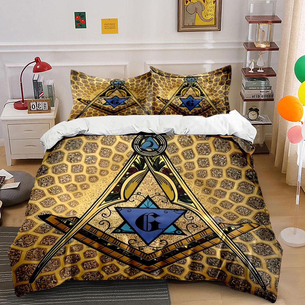 Grosstor Unisex Masonic Symbol Decor Set Multiple Sizes Kid's And Adults' Bedroom Exquisite 3Pc Bedding Set, Gift