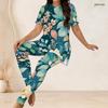 Women Plus Size Round Neck Short Sleeve Floral Printed Mint Green Two Piece Set Side Split Top Long Pants