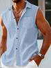 Men's Linen Texture Sleeveless Button-Up Shirt with Chest Pocket - Lightweight Summer Vacation Top