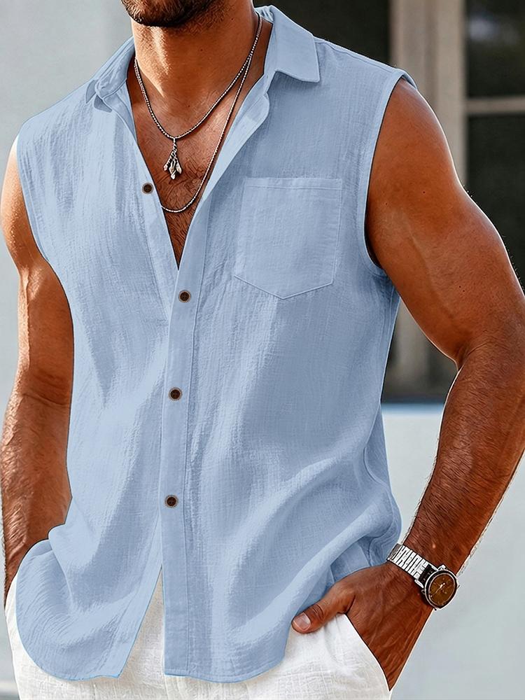 Men's Linen Texture Sleeveless Button-Up Shirt with Chest Pocket - Lightweight Summer Vacation Top
