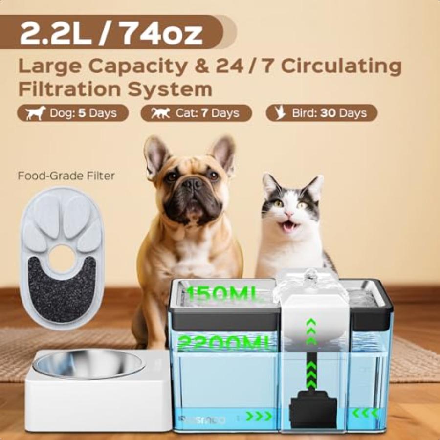 Automatic Cat Water Fountain with Food Bowl 2.2L 74oz 2in1 Pet Water Dispenser 304 Stainl Steel Bowl UltraQuiet LED Indicator B