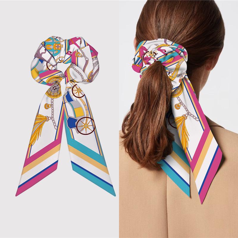 Girl Hair Silk Scarf Lady Elastic Scrunchies Ties Band Accessories Luxury Design Horse Print Ponytail Hairstyle Hairbands Ribbon