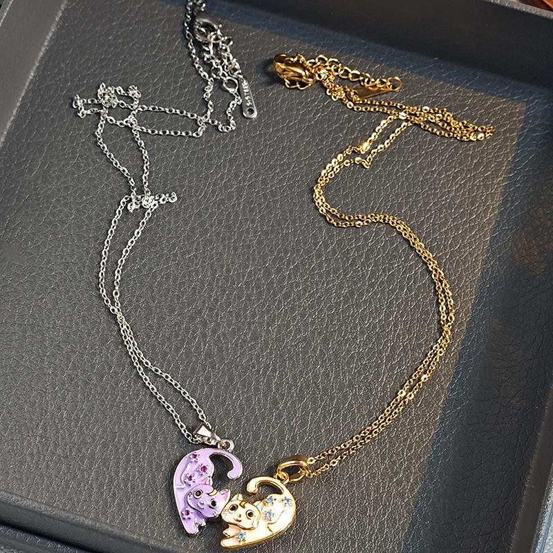 Women Girlfriend Cat Magnetic Stacking Pendant Necklace 2 In 1