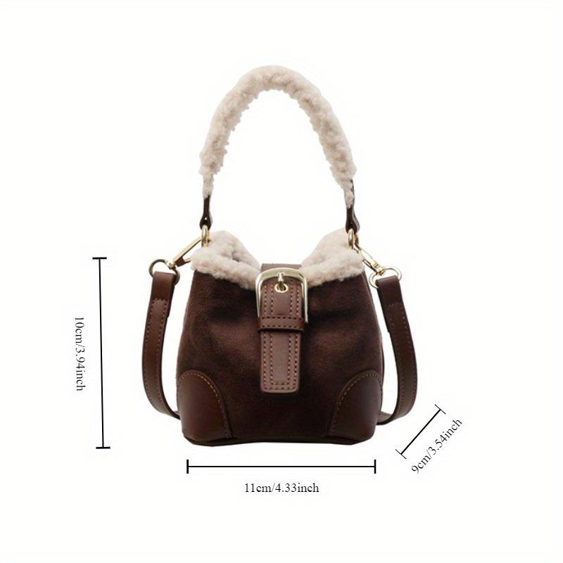 Women's Fashion Plush Messenger Bag Faux Leather Small Bucket Shoulder Crossbody Bag with Polyester Lining and Buckle Closure Solid Color