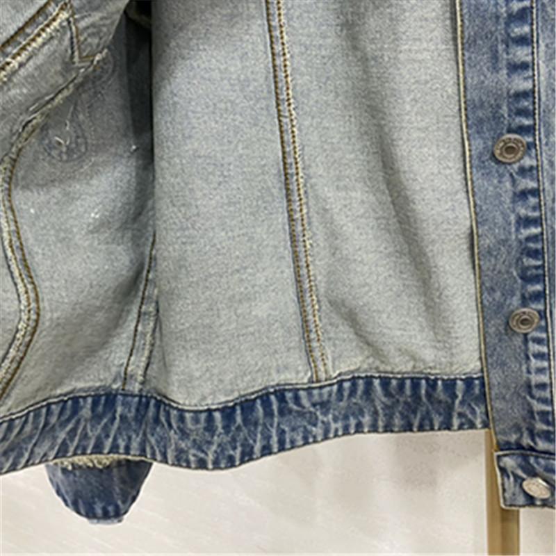 Denim Jacket for Women's Spring Autumn Heavy Industry Beading Jeans Coat Fashion O-neck Short Outerwear Female