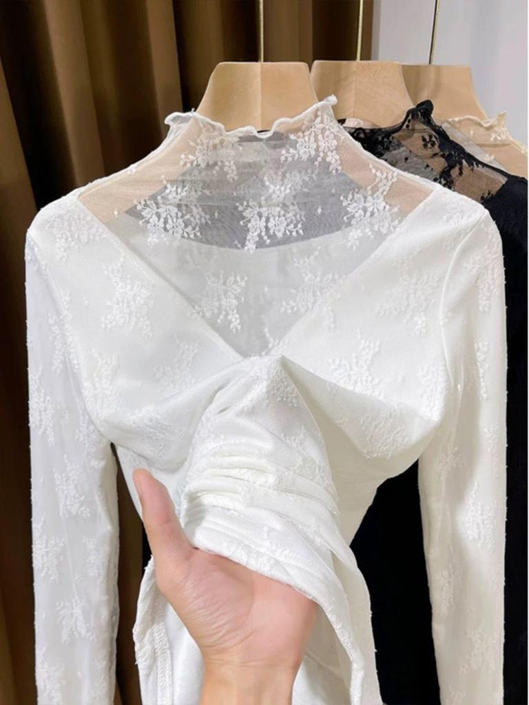 Damenpullover mit hohem Kragen, Fleece-Futter und Spitzenbasis - Frühling Herbst 2025 Modische Netzschicht-Unterwäsche