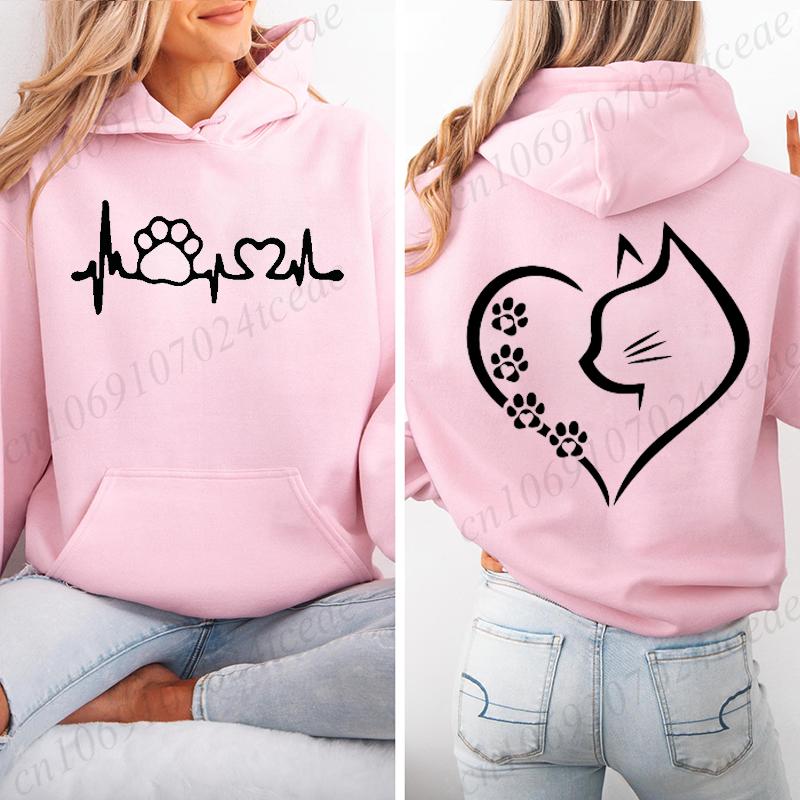 Retro Fashion Cat Heart Printed Hoodie Y2k Street Clothing Cat Lover Men and Women Loose Casual Hooded Sportswear K Pop Clothes
