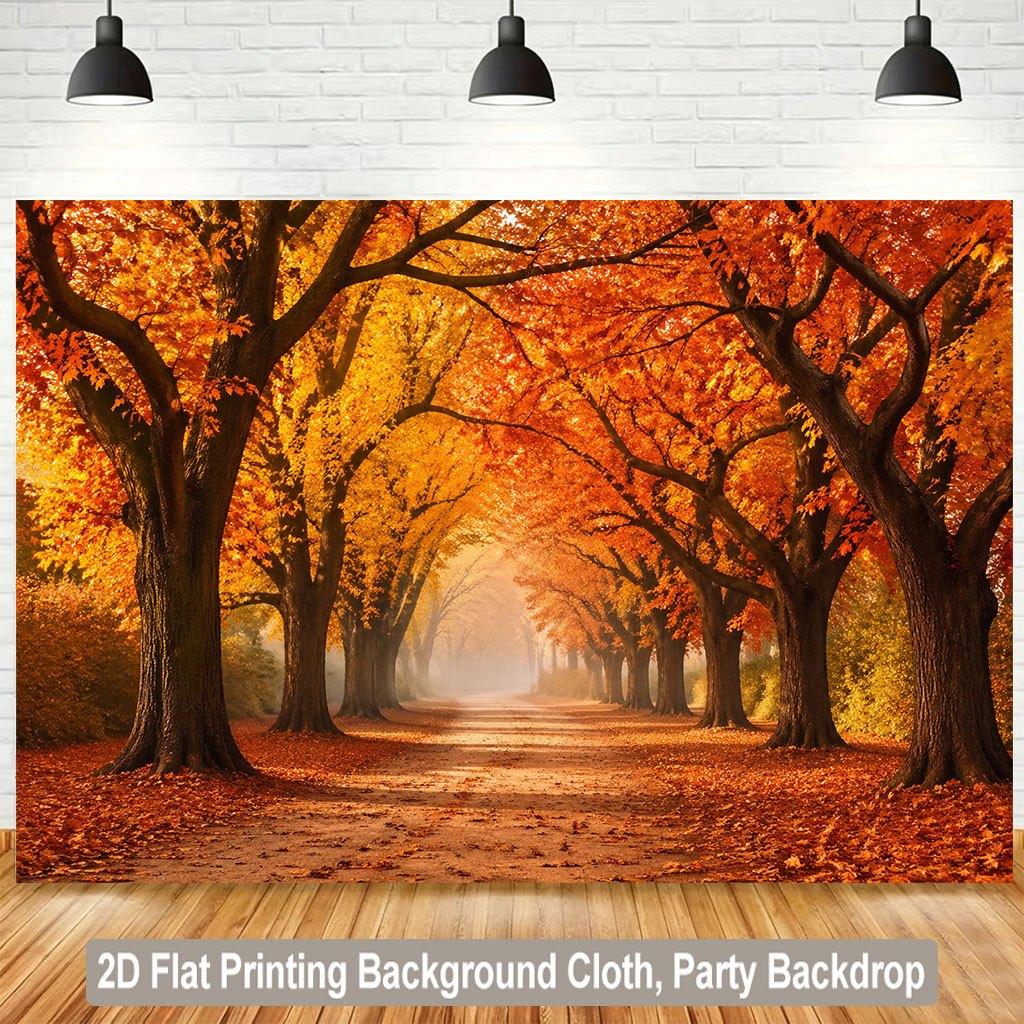 1 Stück 2D flaches Hintergrundtuch Herbstwald-Kulisse mit goldenem Blätter-Szenenbanner.PMJ