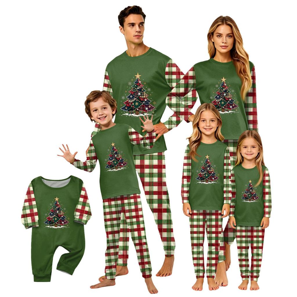 Christmas-print long-sleeve and long-pant matching family loungewear set