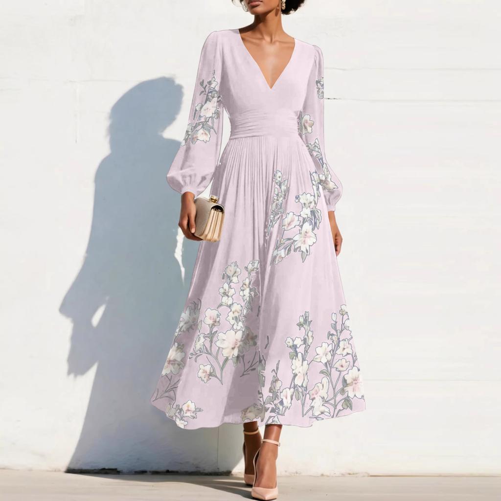Damen Maxikleid mit langen Ärmeln, V-Ausschnitt, Falten und Blumendruck, Elegante Passform, Ausgestellter Schnitt, Lange Länge, Für Freizeit und formelle Anlässe