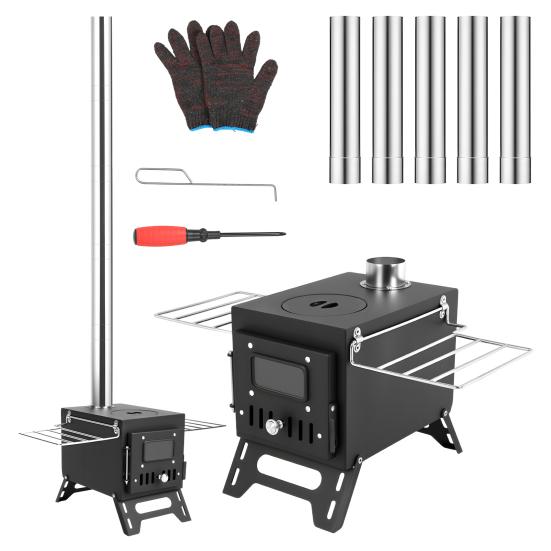 Wood Burning Stove with 5 Pipes Accessories, Large Firebox Heating Cooking Hot Tent Stove, Portable Stainless Steel Stove for Outdoor, Camping,