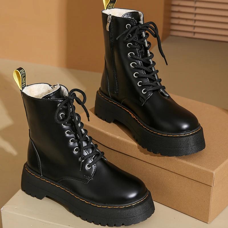 Mote Nye Minimalistiske Snøresko Kamp Kvinner Støvler Chunky Hæl Plattform Kvinner Støvler Britisk Stil Tykk Såle Øk Høyde Fritidssko