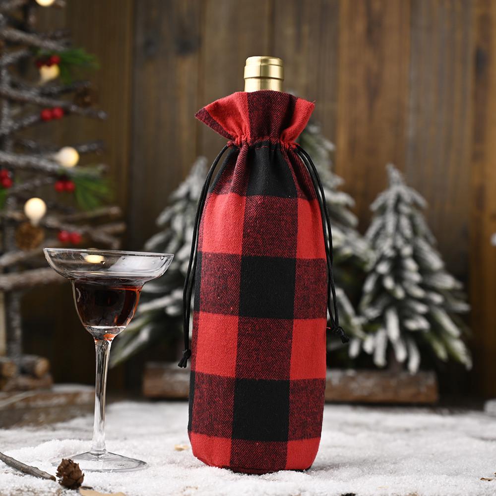 

Large Checkered Cotton Drawstring Wine Bottle Bag Perfect For Christmas Celebrations RedBlack Check Bag