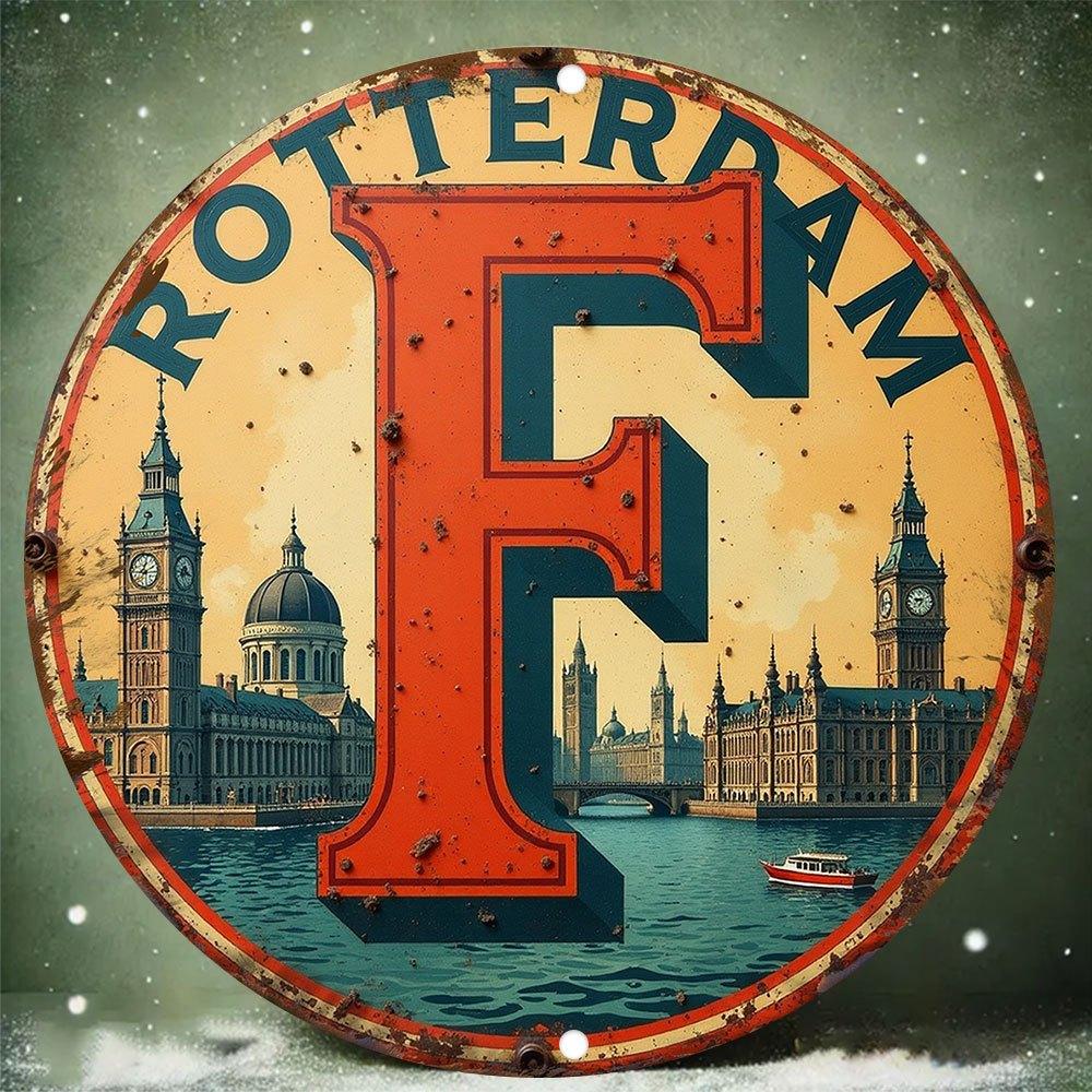 High Definition Metal Tin Sign Rotterdam City Letter F Vintage Wall Art Decor 20x20cm(8x8inch)