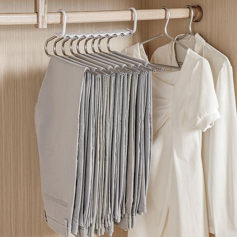 Edelstahl Kleiderbügel 9 Lagen Hosenständer Platzsparend Rutschfest Schrank Organizer mit Haken für Hosen und Schal