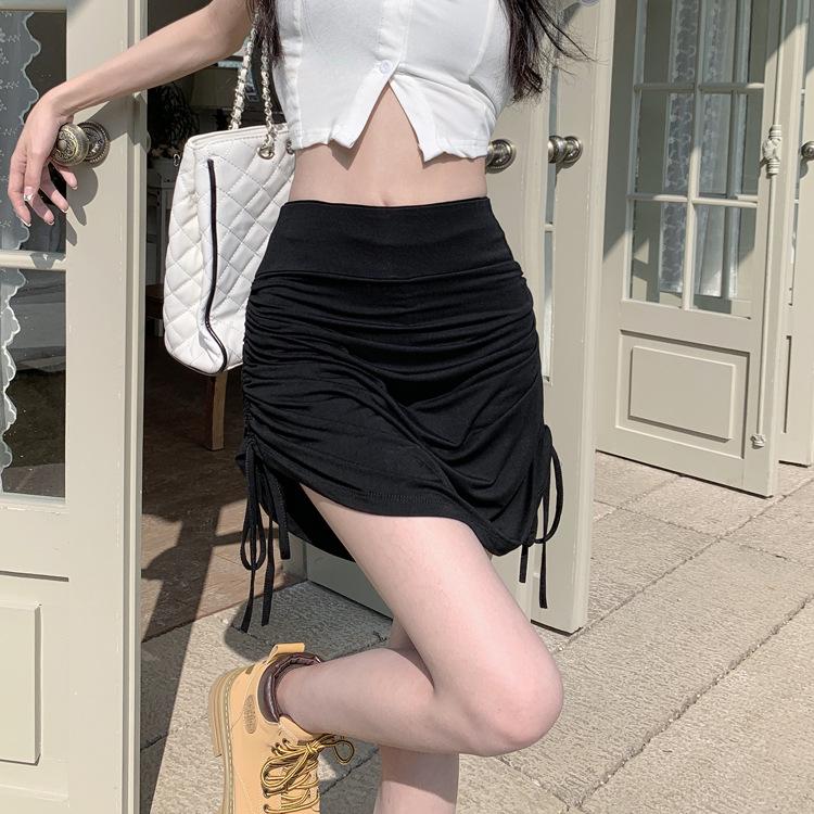 Adjustable Drawstring Black Pleated Bodycon Skirt for Women - Slimming High Waist Summer Midi Skirt 2025