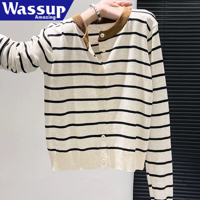 WASSUP AMAZING Women's Striped Knit Cardigan