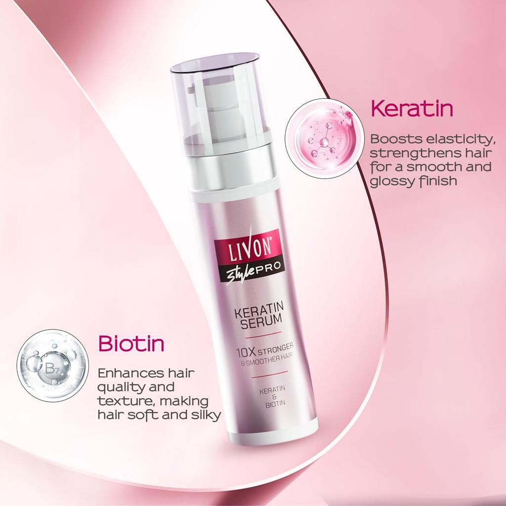 Livon Style Pro Keratin Hair Serum For Women 100ml | Stronger Smoother Hair With Biotin | Anti Frizz Detangling Lightweight Non Sticky Hair Care