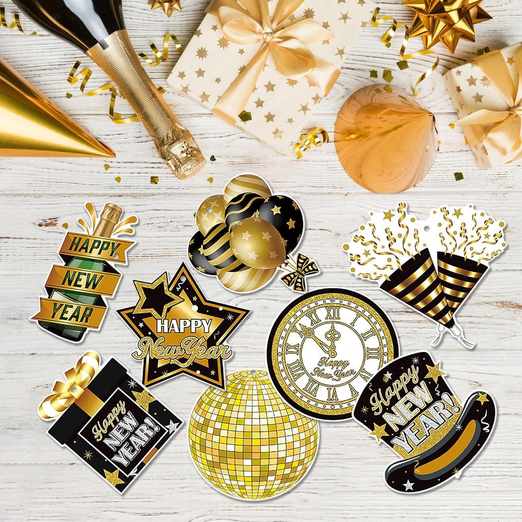 Lucleag 32Pcs Happy New Year 2026 Hanging Decorations, Black Gold Tree Ornaments New Years Hanging Ornaments for 2026 New Year Eve Party Supplies