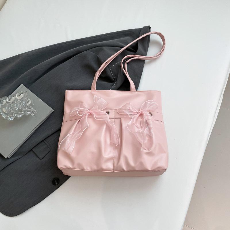 2025 New College Style Bow Tote Bag Large Capacity Pleated Shoulder Bag Female Cute Sweet Commuter Bag