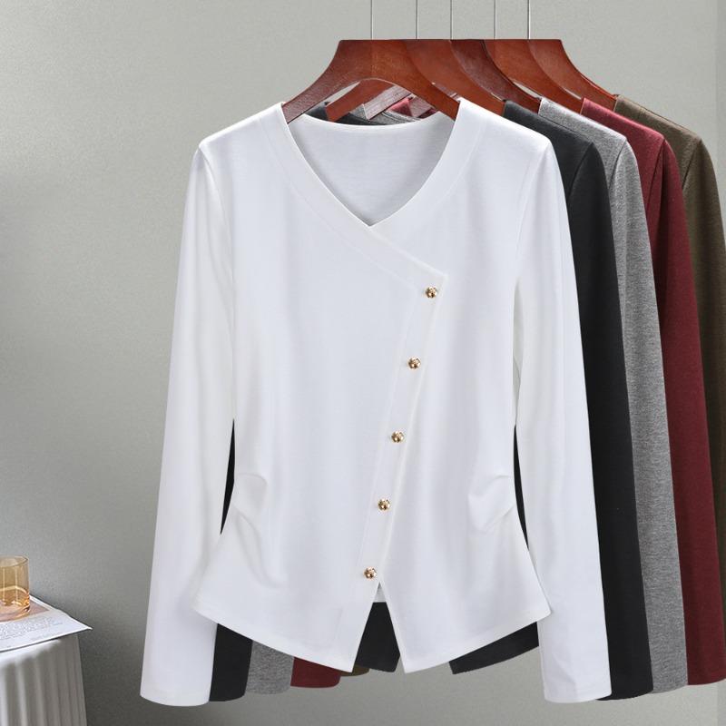 Long-sleeved T-shirt Women's Autumn Clothing New Women's Clothing Temperament Collar Shoulder Solid Color T-shirt Design Sense Split Top