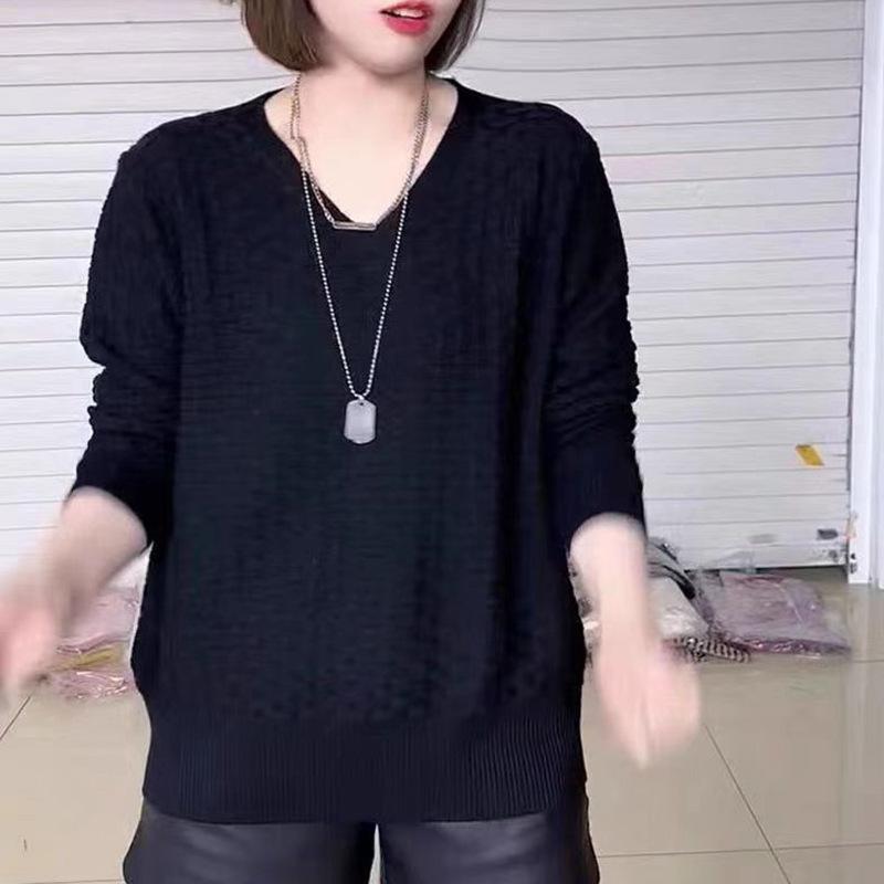 Autumn and Winter V-neck Pullover Sweater for Women Women's Solid Color Long Sleeved Knitted Sweater