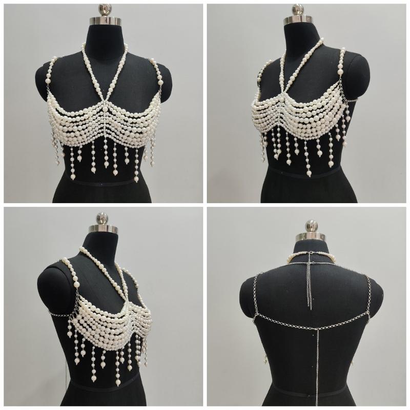 Catena da corpo con frange e perle finte alla moda, Bralette, Gioiello per il corpo con perline, Harness, Bustier, Top a reggiseno per costumi da bagno da donna