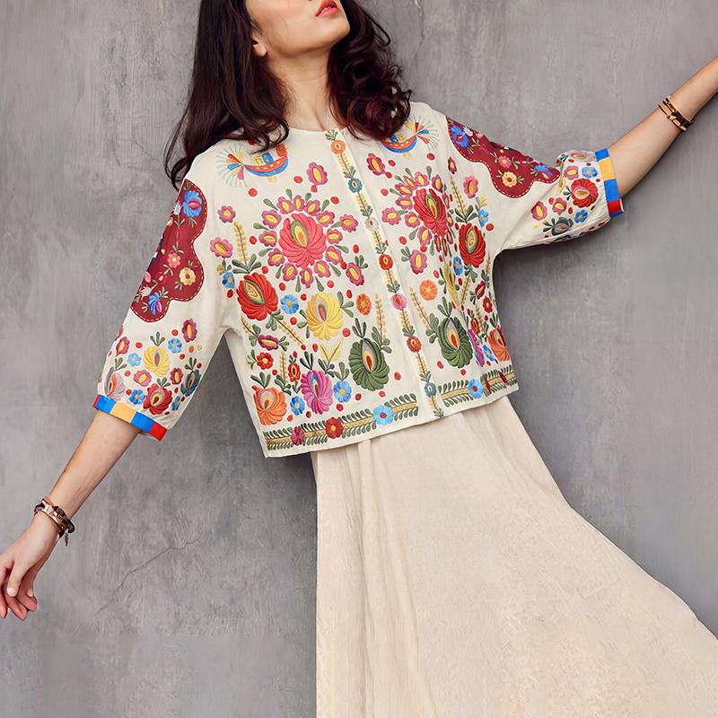ZANZEA Women Ethnic Floral Print Casual Round Neck 3/4 Sleeve Loose Blouse S