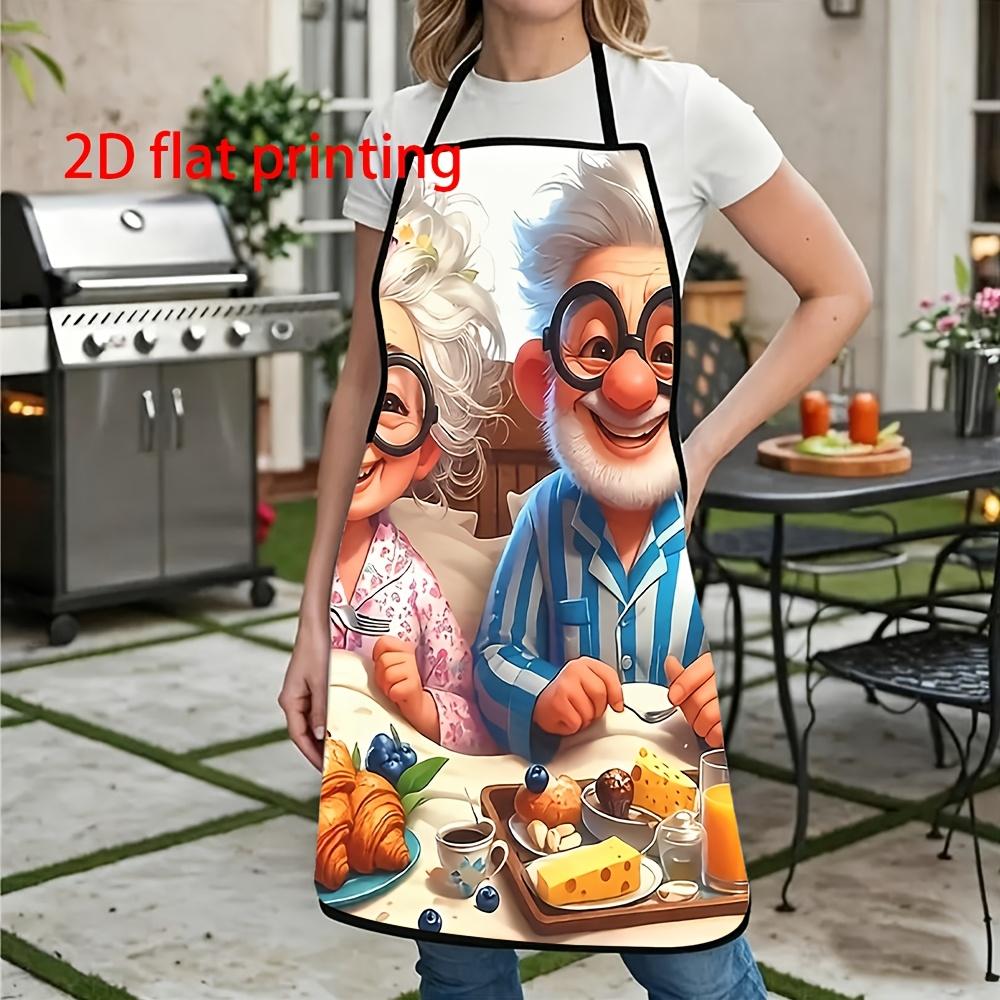 Cute Grandpa and Grandma Cartoon Apron Breakfast Theme Kitchen Cooking Bib Funny Elderly Couple Pattern Multiple Sizes Available