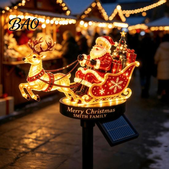 Weather Resistant Yard Art Santa And Reindeer Sleigh Solar Garden Stake Light, Warm LED Christmas Pathway Path Lights Lamp, Powered Outdoor Waterproof