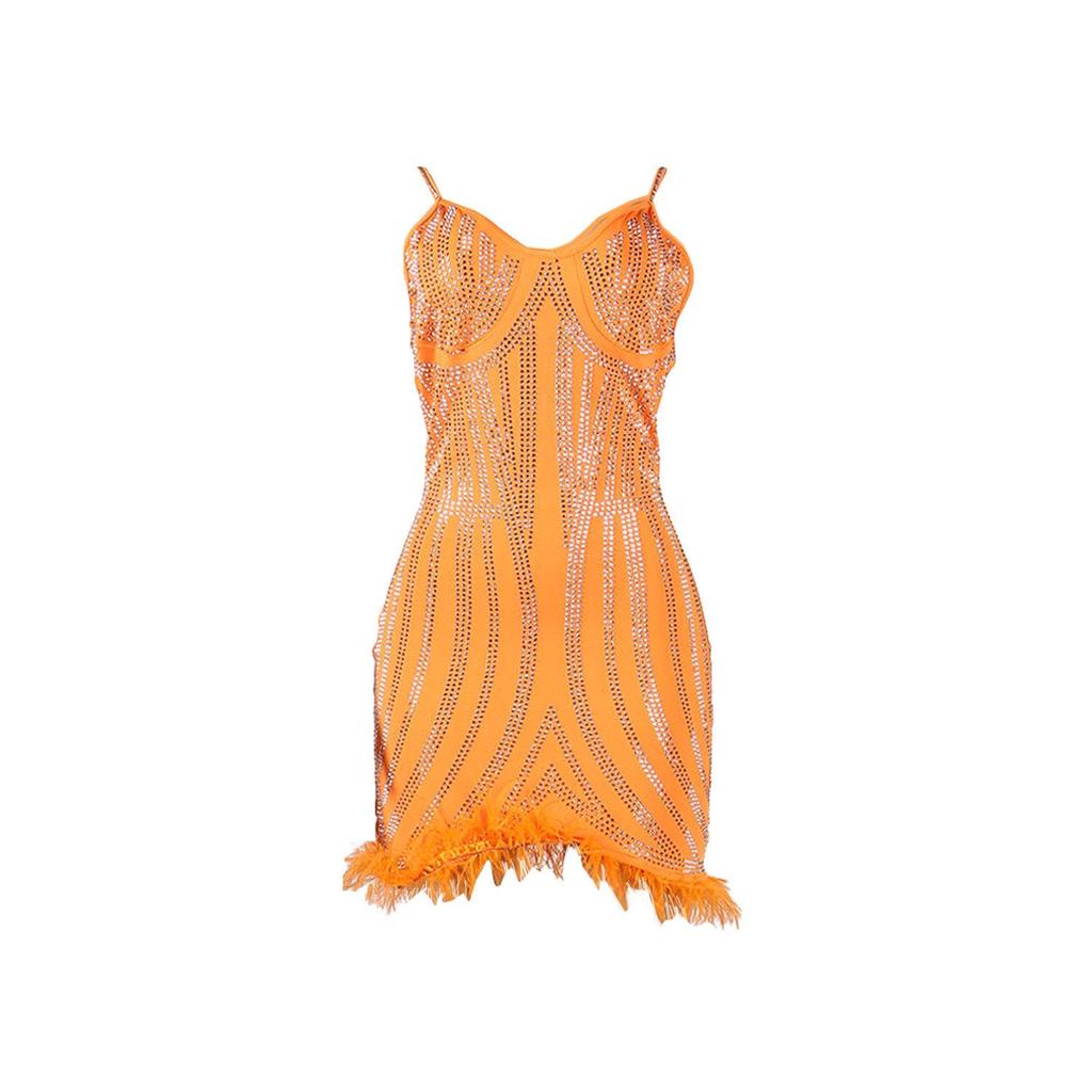 CQK2601 European-American Sexy Feather Dress with Rhinestones