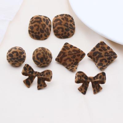 Flocked Velvet Maillard Vintage Minimalist Earrings: Silver Needle Square, Round, Bow, and Leopard Print Designs