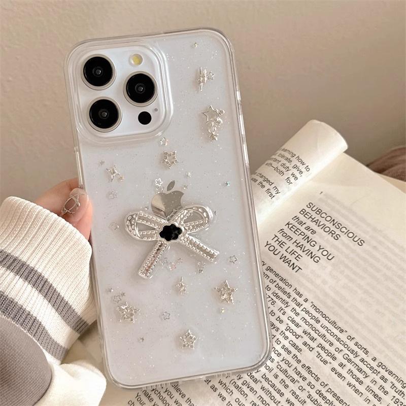 Bow Glitter Epoxy Mobile Phone Case For Iphone17Promax Stars Apple 16Plus Transparent 14 Women