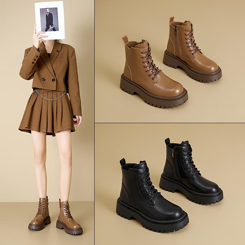 Thick Soled Women'S Boots  New British Style Single Boots Autumn And Winter With Fleece Short Boots Fashionable Women'S Shoe