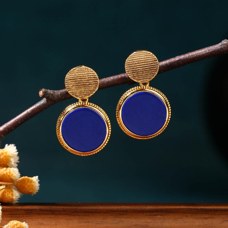 Boucles d'oreilles recommandées en imitation lapis-lazuli avec aiguille en argent 925 et design rétro cour plaqué or