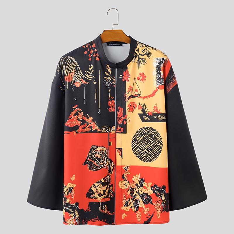 

INCERUN Мужской кардиган без воротника с рукавом 3/4 и винтажным принтом, с открытой передней частью, повседневный топ 5XL красный