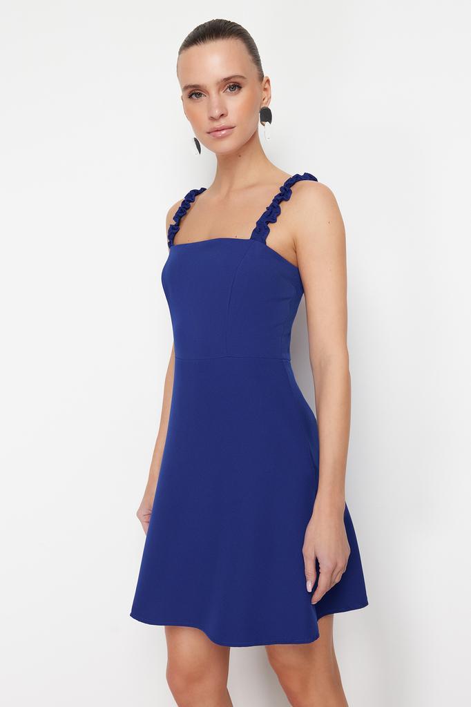 Women's Dress New Season Fashion Indigo A-Line Square Collar Strap Detailed Mini Woven Dress