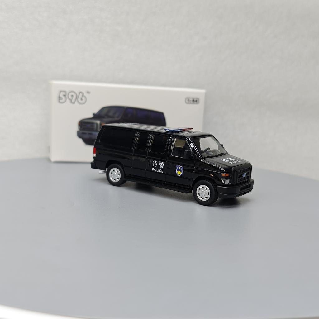 596 1:64 Ford E-Series Vans E350 Polizeiauto Legierungsmodellauto Diecast Miniaturauto Kinderspielzeug Geschenk