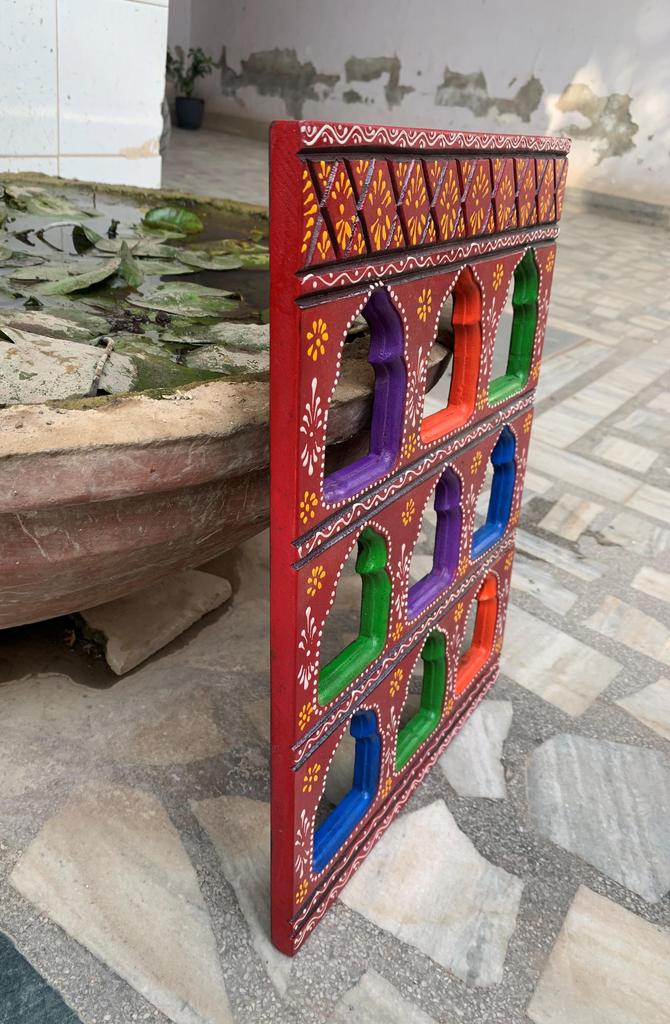Colorful Hand Painted Wooden Wall Hanging | Indian Jharokha Style Folk Art | Boho Ethnic Home Decor