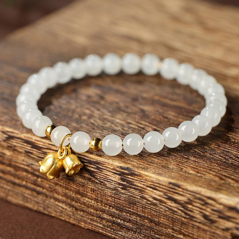 

Natural Hetian Jade Bracelet for Women, Sheep Fat Jade with Golden Lily of the Valley Beads, Small Beads, Light Luxury, Niche and Exquisite Lily of the Valley Bracel