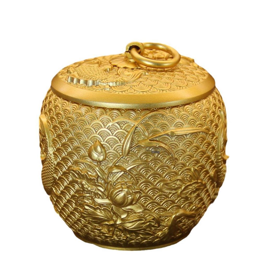 High-Grade Pure Brass Koi Tea Storage Can with Lid - Moisture-Proof Sealed Container, Ashtray, and Decorative Craft Ornament