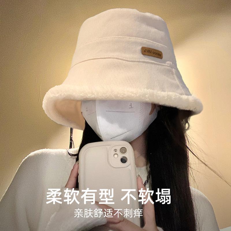 Plush bucket hat winter plush thickened warm hat women's big head circumference thin white fashion versatile bucket hat
