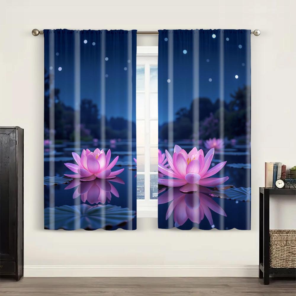 2pc,  Scene Curtains Elegant Pink Lotus Machine Washable Polyester,Without Electricity Wall Decor Suitable for Holiday Home