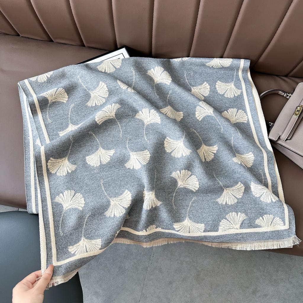 Korean Atmosphere Scarf Women'S Spring, Autumn And Winter Double-Sided Ginkgo Biloba Leaves Thickened Long Imitation Cashmere Air-Conditioned Room