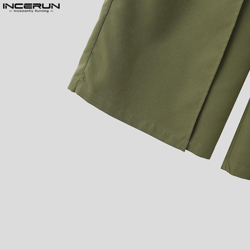 INCERUN Men Zip-up Elastic High Waist Trousers Casual Long Wide Legs Pants