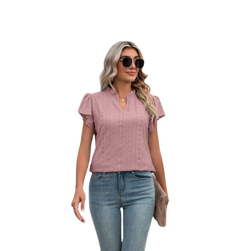 Camiseta de Verano para Mujer Cuello en V Manga Corta con Volantes Top Holgado de Manga Corta
