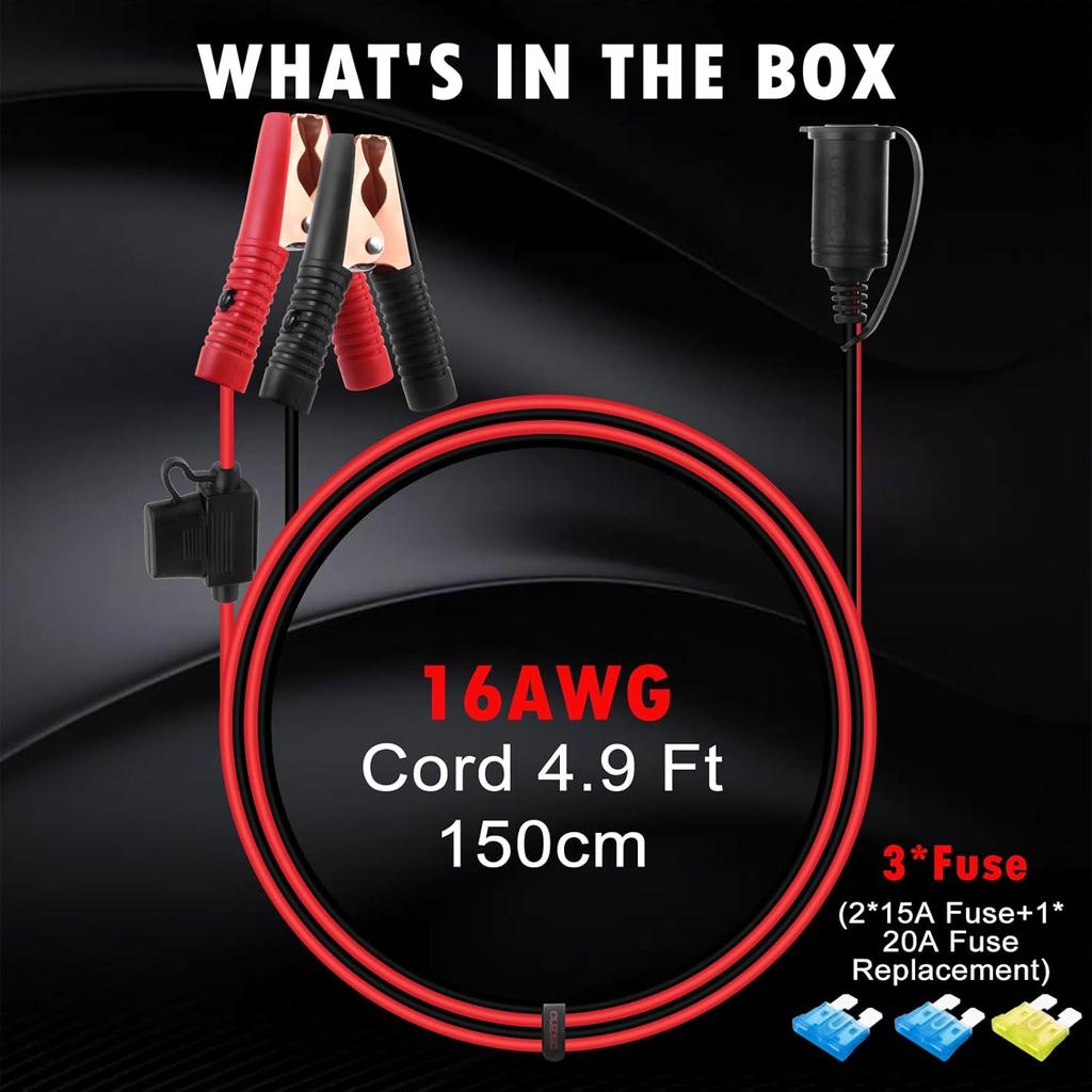 CUZEC 12V/ 24V Extension Cord Plug Socket with Battery Clamp 4.9FT / 1.5m 16 AWG Battery Clip-On and Cigarette Lighter Adapter