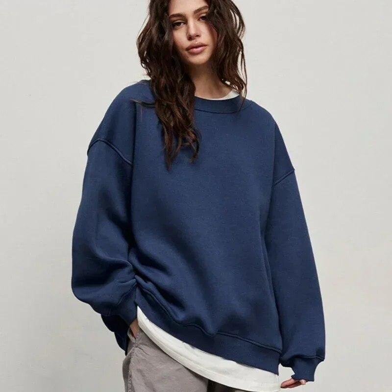 Pulovere de toamnă largi, calde, din fleece, pentru femei, hanorace de modă, cu gâtul rotund, cu glugă supradimensionată, pentru femei, iarnă, din bumbac solid 29676