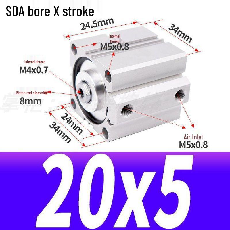 SDA Mini Pneumatic Cylinder, High Thrust, Thin Type, Bore Sizes 20/25/32/40/50