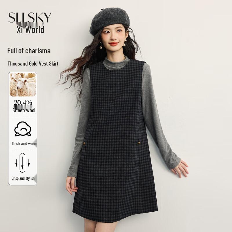Sllsky Women s Vintage Plaid Wool Blend Vest Dress XL